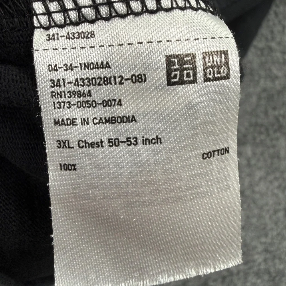 Uniqlo U T-Shirt 3XL Black Crew Neck‎ Short Sleeve Cotton Mens 341-433028